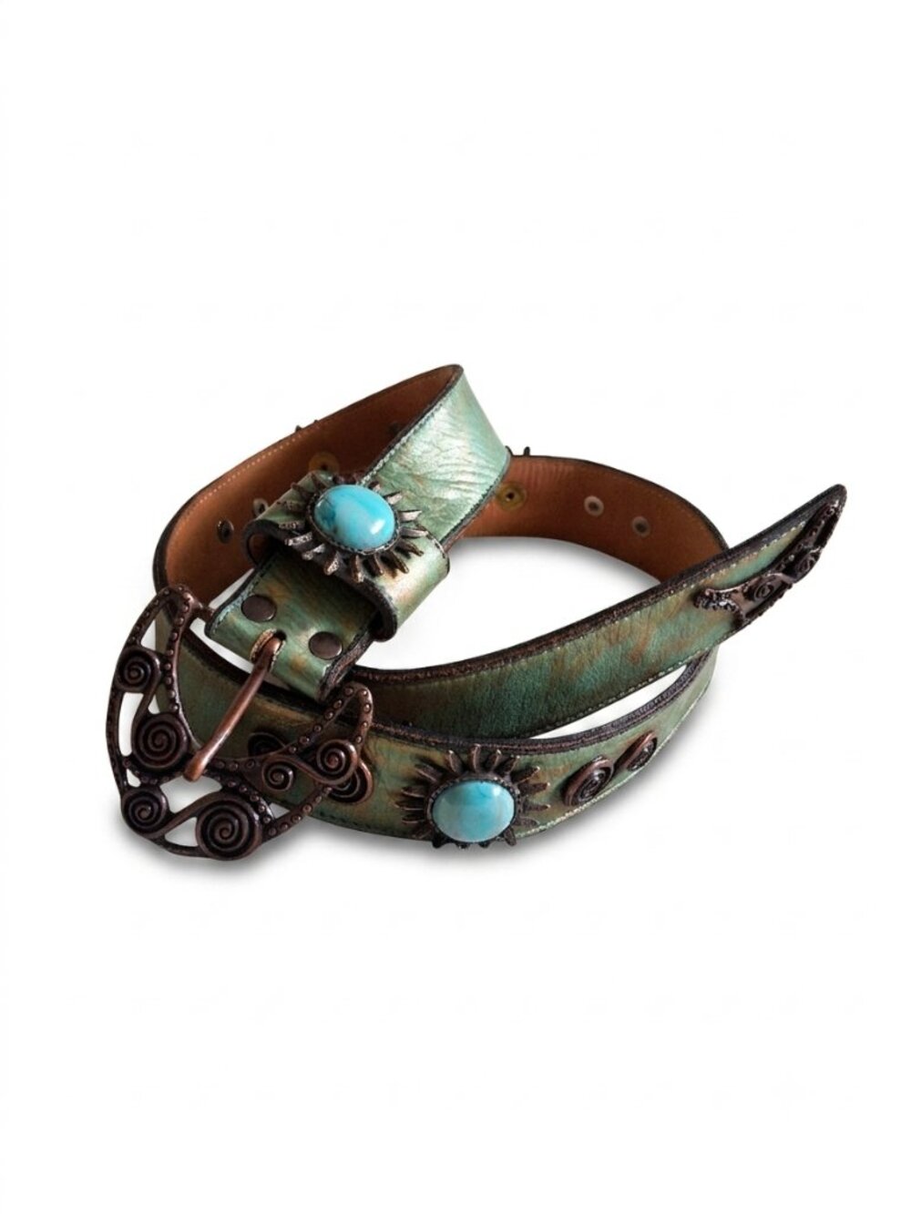Leatherock Vintage Women's XL Teal & Copper Turquoise Sunburst Leather Belt